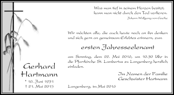 Traueranzeige von Gerhard Hartmann von Die Glocke