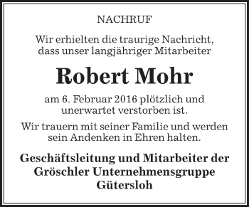 Traueranzeige von Robert Mohr von Die Glocke