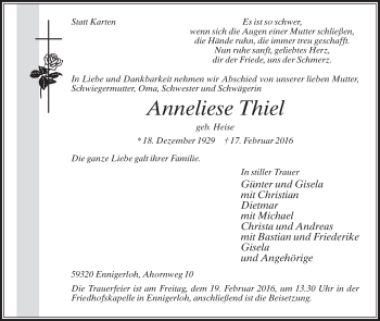 Traueranzeige von Anneliese Thiel von Die Glocke