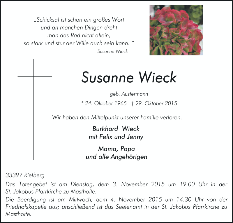  Traueranzeige für Susanne Wieck vom 31.10.2015 aus Die Glocke