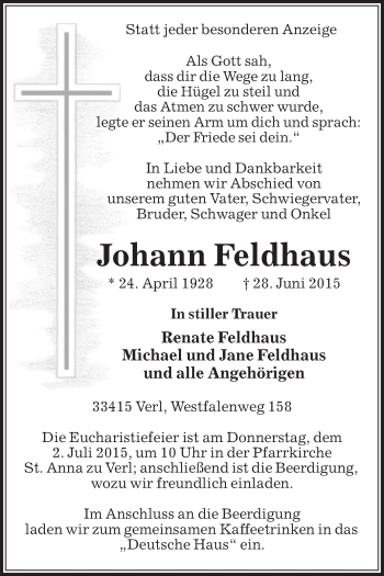 Traueranzeige von Johann Feldhaus von Die Glocke