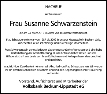 Traueranzeige von Susanne Schwarzenstein von Die Glocke