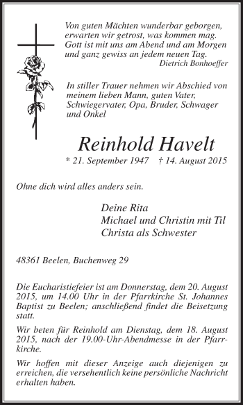 Traueranzeige von Reinhold Havelt von Die Glocke