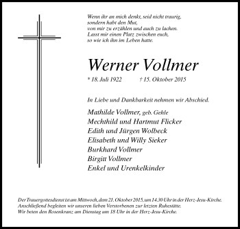 Traueranzeige von Werner Vollmer von Die Glocke
