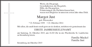 Traueranzeige von Margot Just von Die Glocke