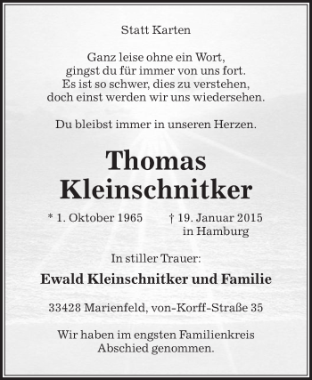 Traueranzeige von Thomas Kleinschnitker von Die Glocke