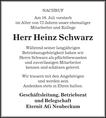 Traueranzeige von Heinz Schwarz von Die Glocke