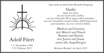 Traueranzeige von Adolf Föert von Die Glocke