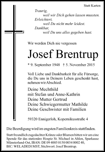 Traueranzeige von Josef Brentrup von Die Glocke