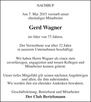 Traueranzeige von Gerd Wagner von Die Glocke