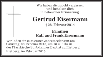 Traueranzeige von Gertrud Eisermann von Die Glocke