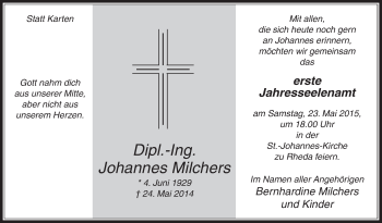 Traueranzeige von Johannes Milchers von Die Glocke