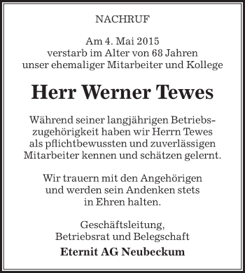 Traueranzeige von Werner Tewes von Die Glocke
