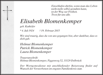 Traueranzeige von Elisabeth Blomenkemper von Die Glocke