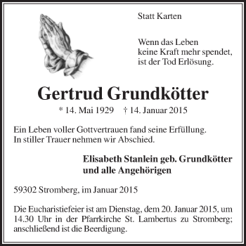 Traueranzeige von Gertrud Grundkötter von Die Glocke