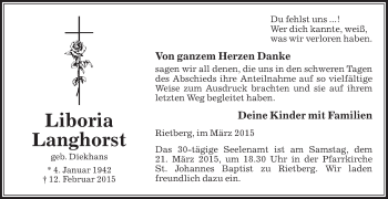 Traueranzeige von Liboria Langhorst von Die Glocke