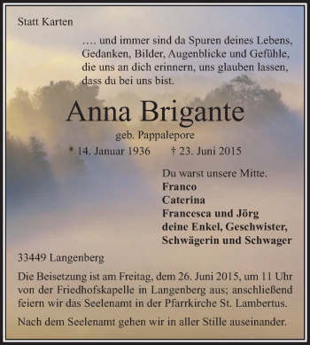 Traueranzeige von Anna Brigante von Die Glocke