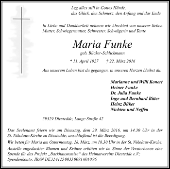 Traueranzeige von Maria Funke von Die Glocke