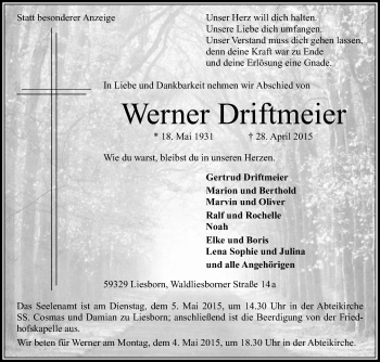 Traueranzeige von Werner Drieftmeier von Die Glocke