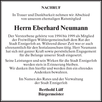 Traueranzeige von Eberhard Neumann von Die Glocke
