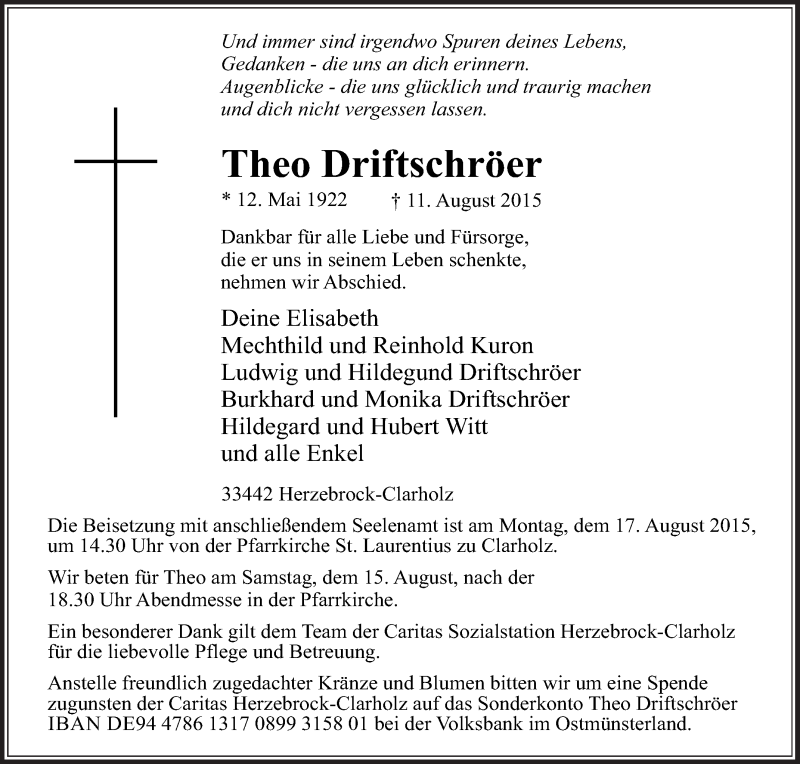  Traueranzeige für Theo Driftschröer vom 13.08.2015 aus Die Glocke