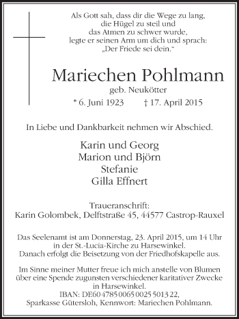 Traueranzeige von Mariechen Pohlmann von Die Glocke