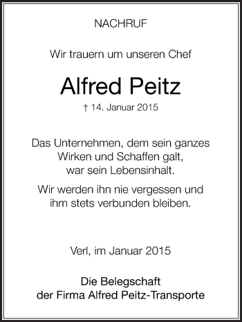 Traueranzeige von Alfred Peitz von Die Glocke