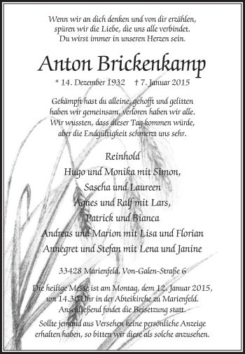 Traueranzeige von Anton Brickenkamp von Die Glocke