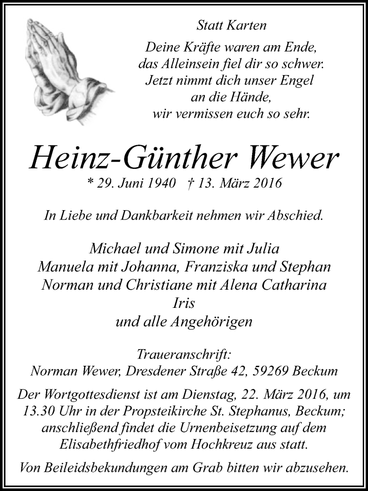  Traueranzeige für Heinz-Günther Wewer vom 17.03.2016 aus Die Glocke