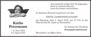 Traueranzeige von Käthe Petermann von Die Glocke