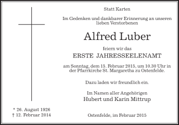 Traueranzeige von Alfred Luber von Die Glocke