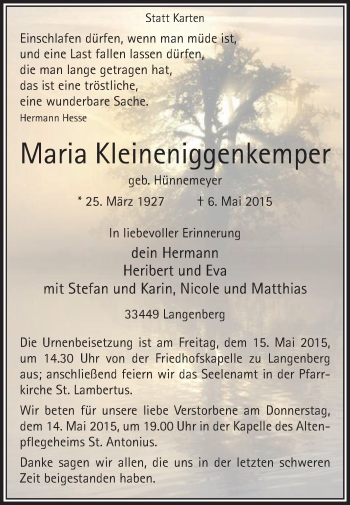 Traueranzeige von Maria Kleineniggenkemper von Die Glocke