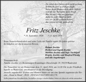 Traueranzeige von Fritz Jeschke von Glocke Trauer