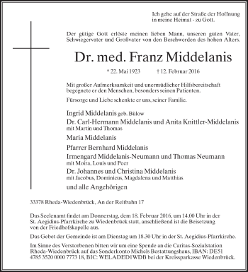 Traueranzeige von Franz Middelanis von Die Glocke