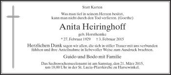 Traueranzeige von Anita Heiringhoff von Die Glocke