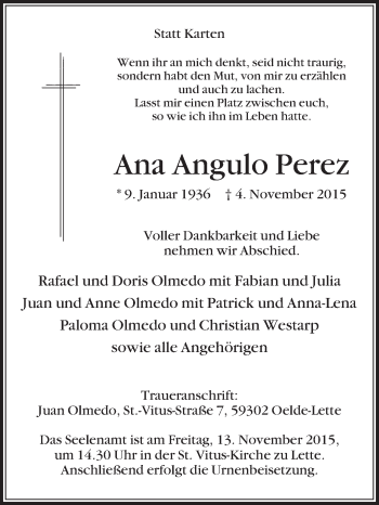 Traueranzeige von Ana Angulo Perez von Die Glocke