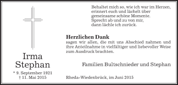 Traueranzeige von Irma Stephan von Die Glocke