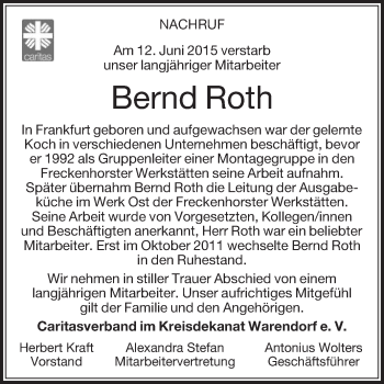 Traueranzeige von Bernd Roth von Die Glocke