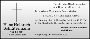 Traueranzeige von Hans Heinrich Schlütermann von Die Glocke
