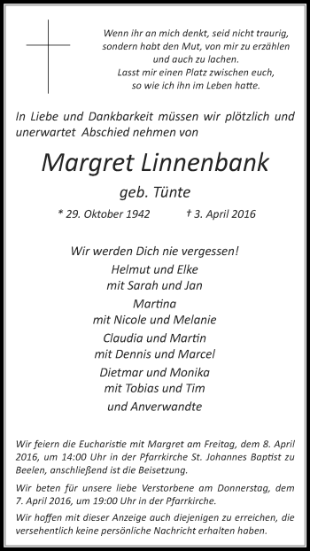 Traueranzeige von Margret Linnenbank von Die Glocke