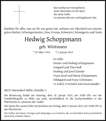 Traueranzeige von Hedwig Schoppmann von Die Glocke