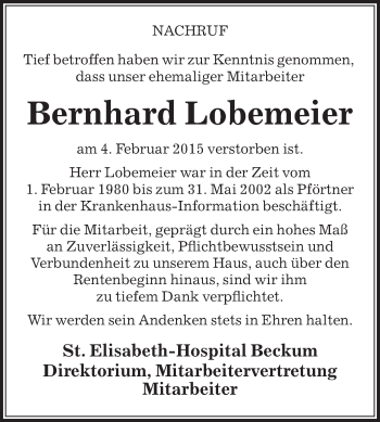 Traueranzeige von Bernhard Lobemeier von Die Glocke