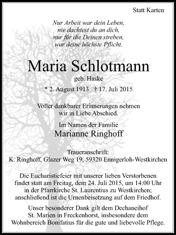 Traueranzeige von Maria Schlotmann von Die Glocke