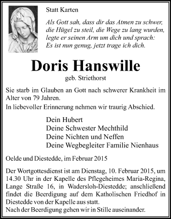 Traueranzeige von Doris Hanswille von Die Glocke
