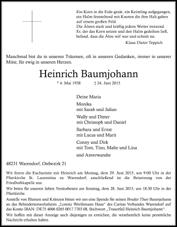 Traueranzeige von Heinrich Baumjohann von Die Glocke