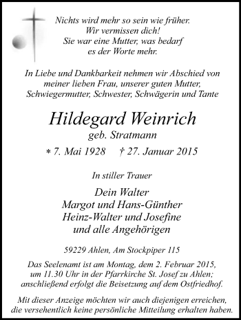 Traueranzeige von Hildegard Weinrich von Die Glocke