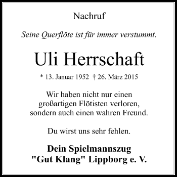 Traueranzeige von Uli Herrschaft von Die Glocke