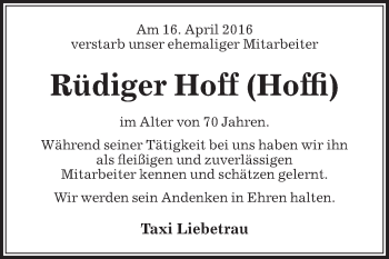 Traueranzeige von Rüdiger Hoff von Die Glocke