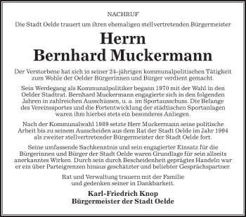 Traueranzeige von Bernhard Muckermann von Die Glocke