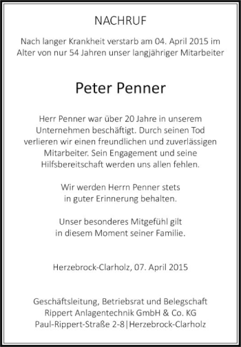 Traueranzeige von Peter Penner von Die Glocke